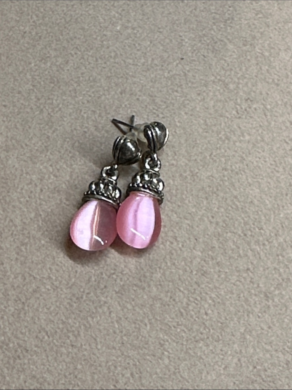 Vintage Style Pink Drop Earrings, Dangle, Post Back, Silver Tone